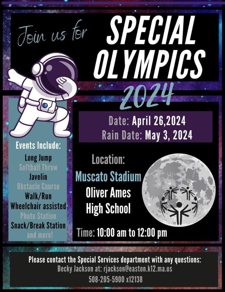 Special Olympics
April 26, 2024
Muscato Stadium
Oliver Ames High School
10:00am-12:00pm